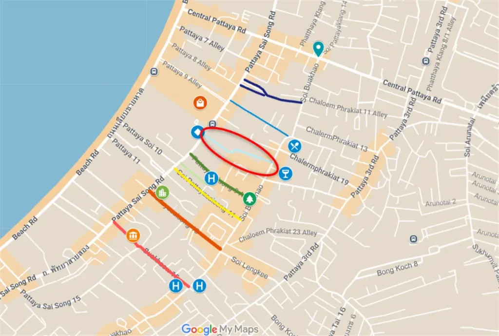 Map highlighting the Light Blue Line – Myth Night Connection between Soi Buakhao and Second Road.