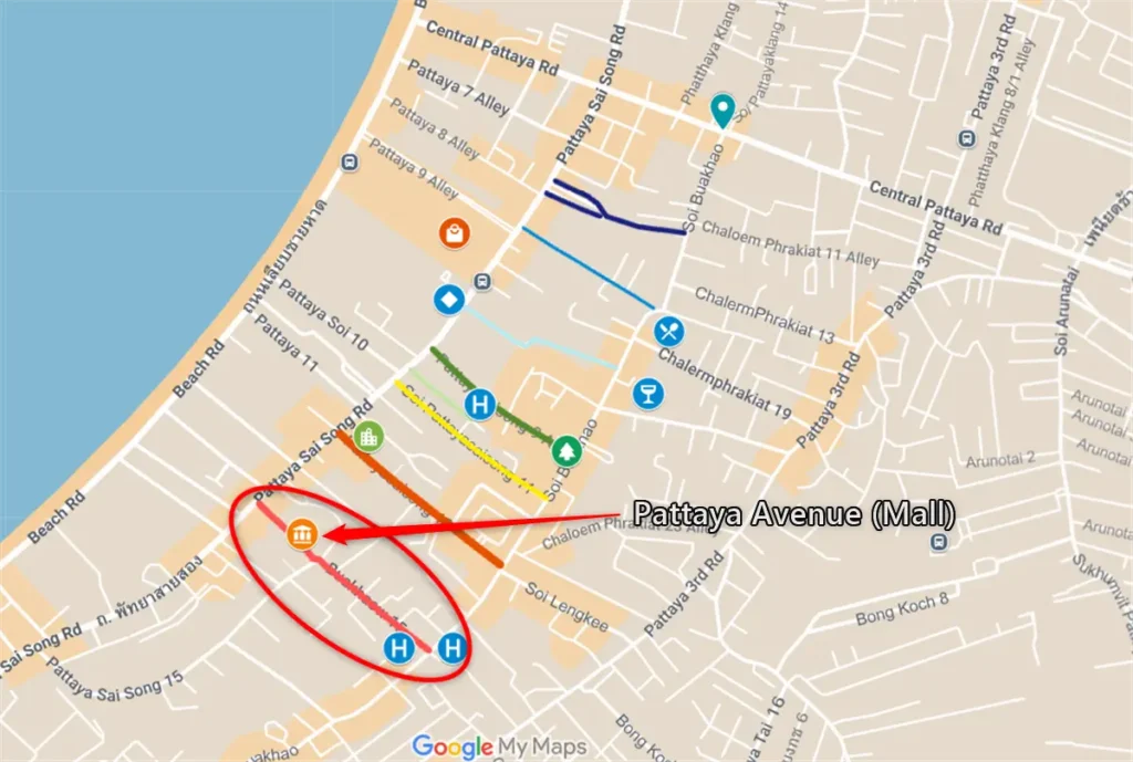 Map showing the Pattaya Avenue Walkthrough route highlighted with a red line between Soi Buakhao and Second Road.