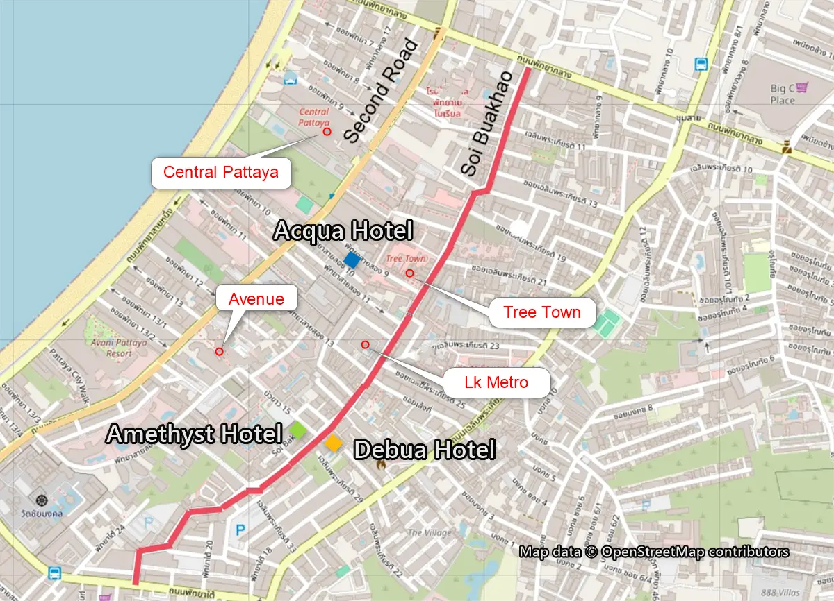 Map showing the locations of top hotels (Acqua, Amethyst, Debua) and nightlife spots (LK Metro, Tree Town) in Soi Buakhao, Pattaya