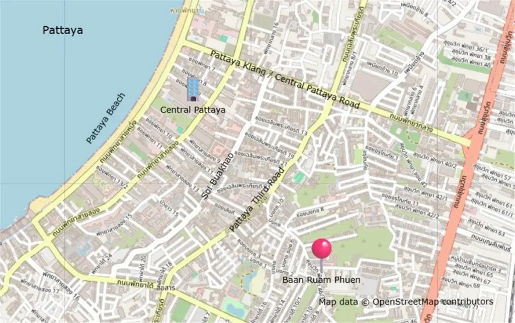 Map showing the location of Baan Ruam Phuen Mookata in Pattaya